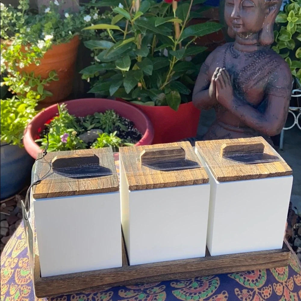 NEW Rae Dunn “ONE. TWO. THREE” 3 Piece Wooden Box Canister Set w/ Tray